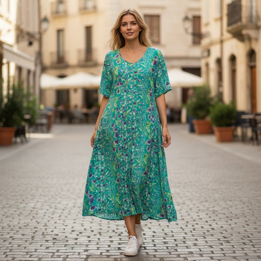 La Cera Dress Womens 2X Floral Teal Green Purple Button-Down Rayon Midi Boho